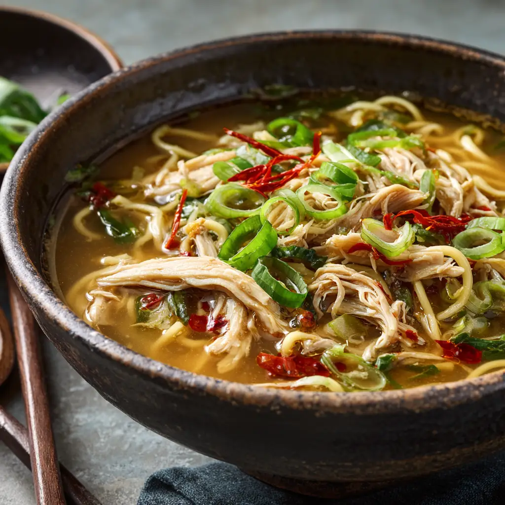 Macro shot of glistening ginger garlic chicken broth with green onions and chili oil in a rustic bowl. (Immune-Boosting Ginger Garlic Chicken Noodle Soup)
