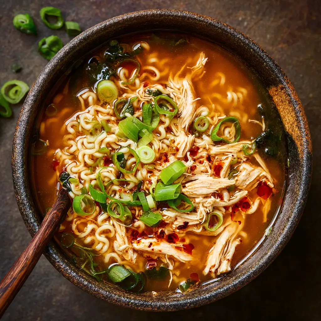 Close-up of curly ramen noodles and shredded chicken in a dark ceramic bowl with fresh green onions. (Immune-Boosting Ginger Garlic Chicken Noodle Soup)