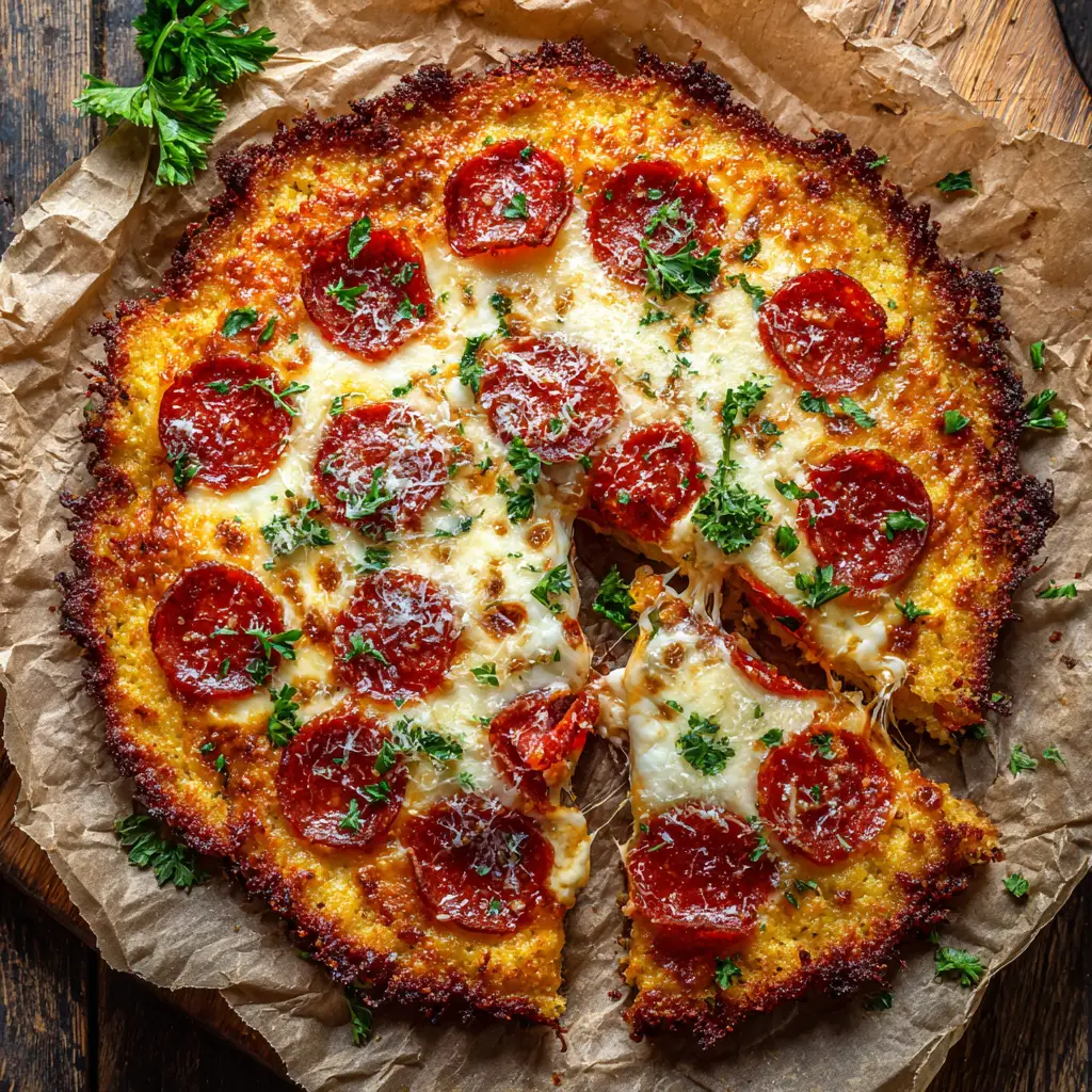 Overhead view of a golden-brown Air Fryer Cottage Cheese Pizza Crust with bubbly melted mozzarella and crispy pepperoni edges.