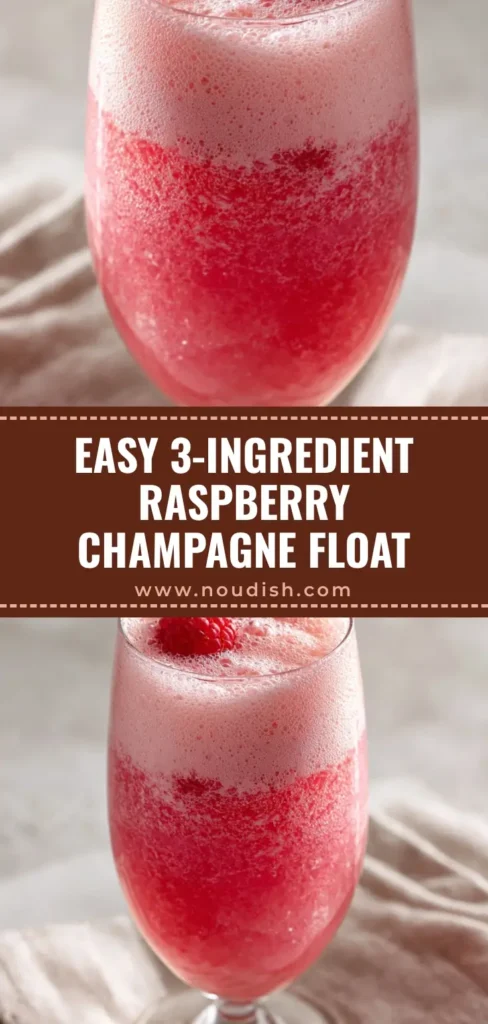A vibrant pink Raspberry Sherbet Champagne Float in a tall stemless glass, with a frothy, foamy top and a fresh raspberry garnish, set on a marble surface.