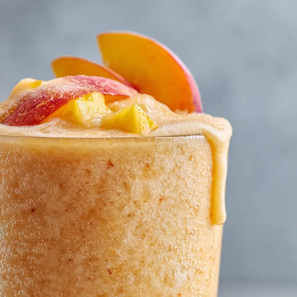 Extreme macro close-up of a Frozen Peach Smoothie showing tiny ice crystals and a velvety texture.