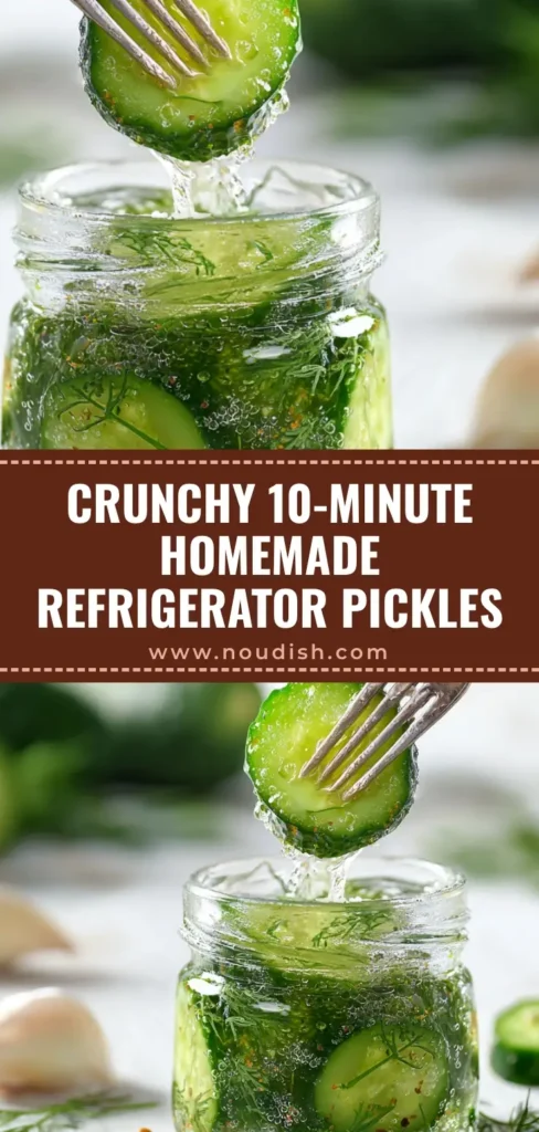 A stack of crisp Refrigerator Pickles slices in a jar with fresh dill and garlic.