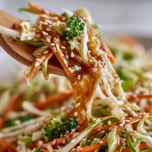 Macro view of the glossy oily sheen on the ginger dressing coating cabbage ribbons in a Crunchy Asian Cabbage Salad.