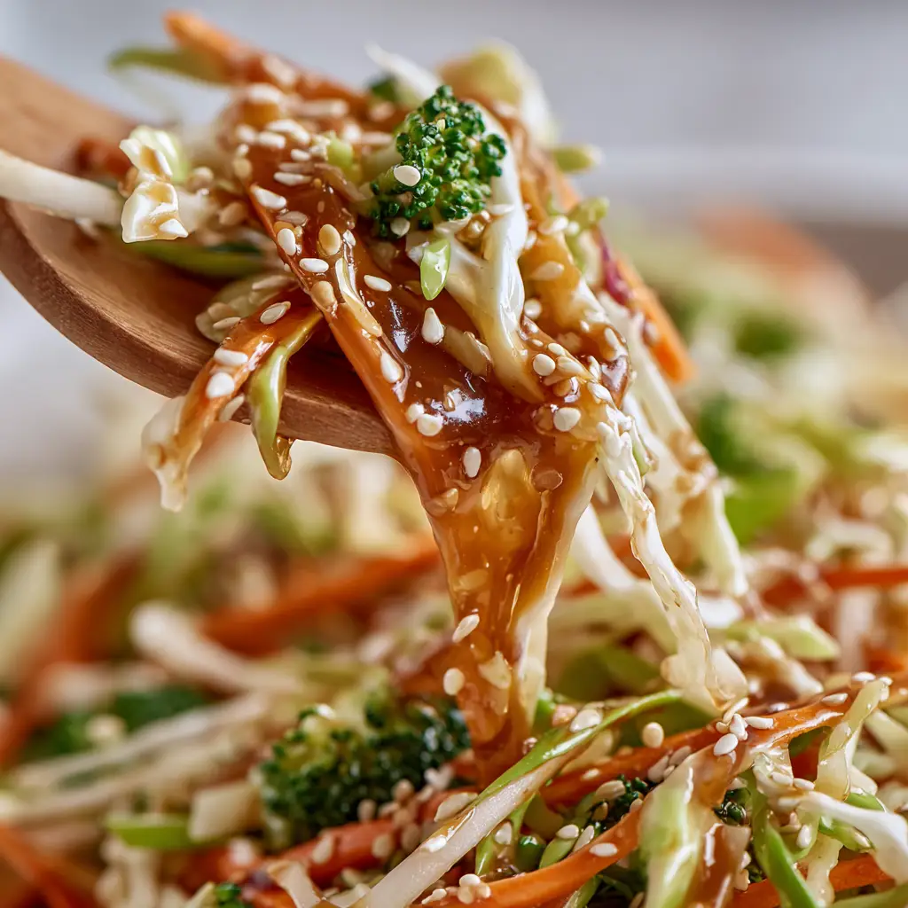 Crunchy Asian Cabbage Salad with Sesame Ginger Dressing 2 Macro view of the glossy oily sheen on the ginger dressing coating cabbage ribbons in a Crunchy Asian Cabbage Salad.