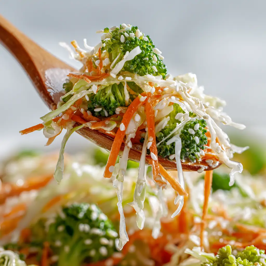 Crunchy Asian Cabbage Salad with Sesame Ginger Dressing 1 Asymmetrical styling of Crunchy Asian Cabbage Salad with tiny porous broccoli florets and scattered sesame seeds.