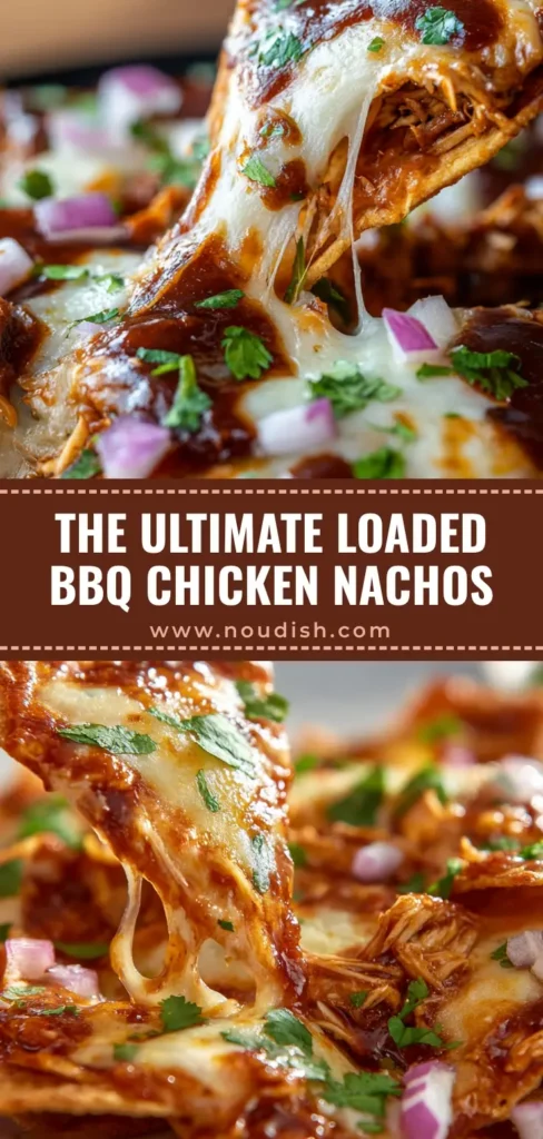 BBQ Chicken Nachos with the Ultimate Gooey Cheese Pull 4 A vertical shot of BBQ Chicken Nachos with a dramatic cheese pull, glossy sauce drips, and fresh cilantro flecks, optimized for Pinterest.