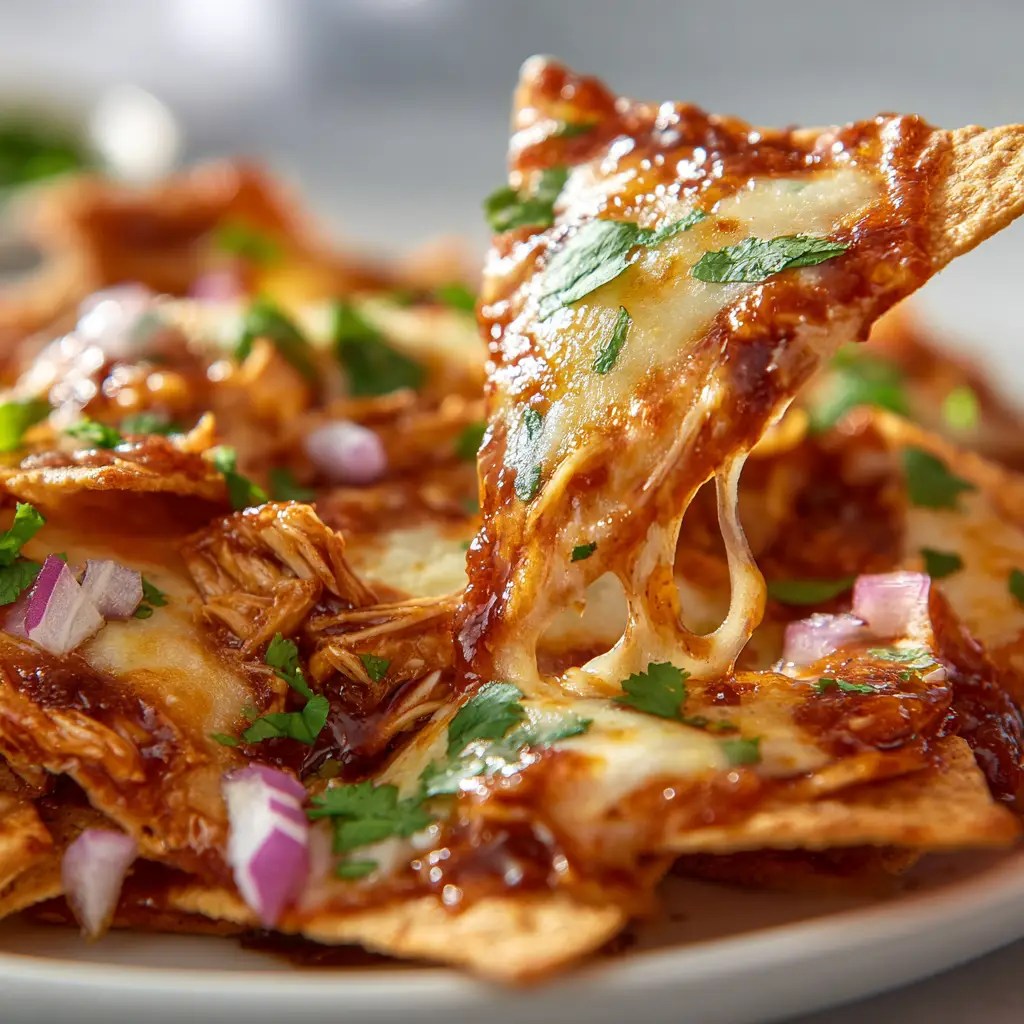 BBQ Chicken Nachos with the Ultimate Gooey Cheese Pull 2 Extreme macro close-up of a single crispy triangular tortilla chip from BBQ Chicken Nachos with bubbling blistered cheese and glossy sauce.