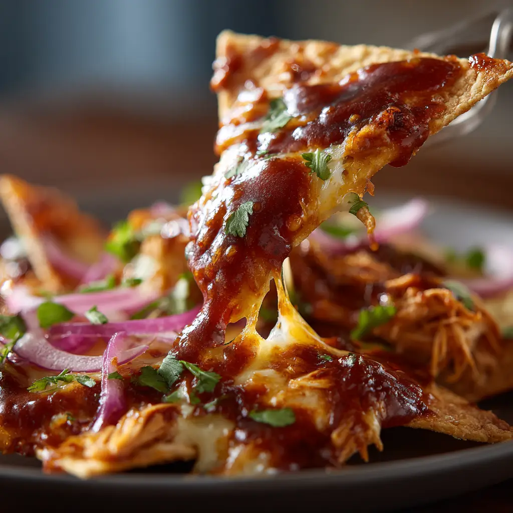 BBQ Chicken Nachos with the Ultimate Gooey Cheese Pull 1 Macro photography of fibrous shredded chicken and thin red onion slices on a bed of BBQ Chicken Nachos.