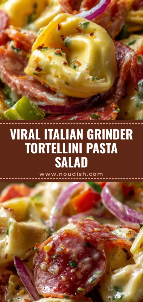 Italian Grinder Tortellini Salad: The Ultimate Creamy Deli-Style Mashup 3 A close up of a single scoop of Italian Grinder Tortellini Salad showing glossy meats and creamy pasta.