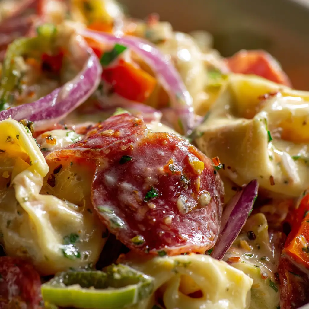 Italian Grinder Tortellini Salad: The Ultimate Creamy Deli-Style Mashup 1 Beautifully messy Italian Grinder Tortellini Salad with translucent red onions and green banana peppers.