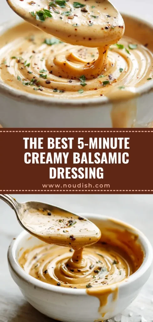 A silver spoon lifting thick Creamy Balsamic Dressing from a white bowl, showing a velvety drip and visible herbs.