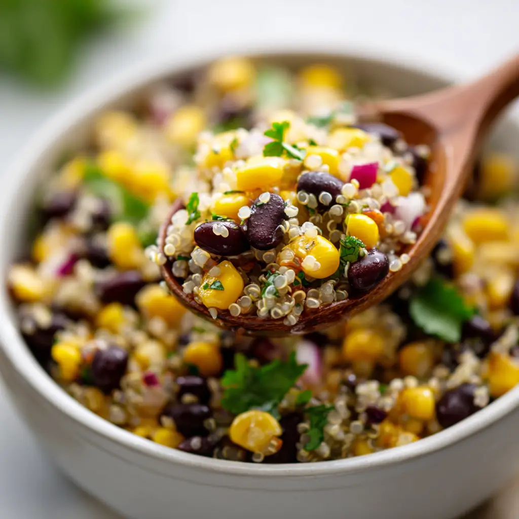 A top-down macro shot of Black Bean and Corn Quinoa Salad with freshly torn cilantro and tiny red pepper cubes.