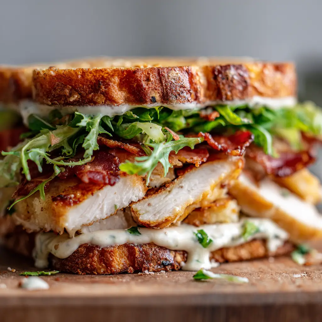 Loaded Chicken Club Sandwich with Creamy Avocado Ranch 2 Extreme macro close up of a Loaded Chicken Club Sandwich showing the oily sheen of bacon and fibrous chicken texture.