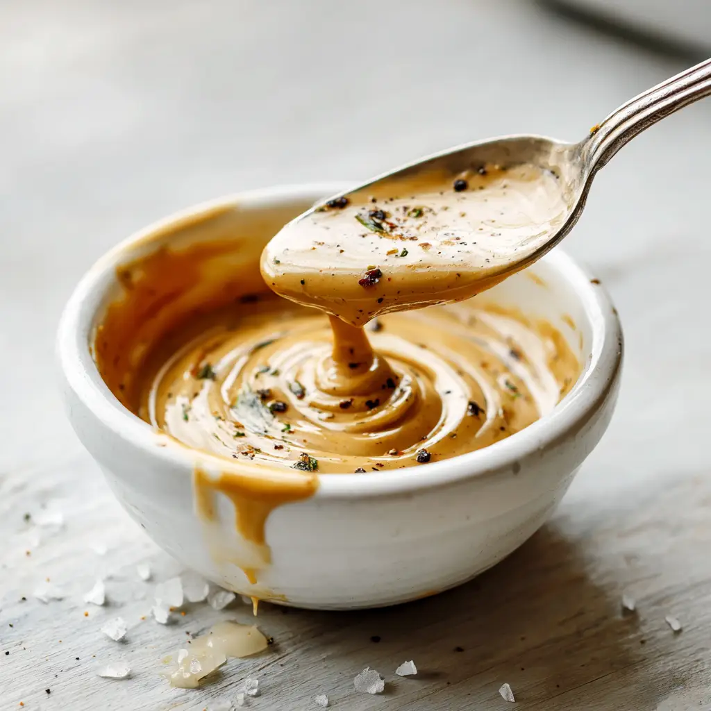 A close up of the Creamy Balsamic Dressing swirl in a white ceramic bowl.