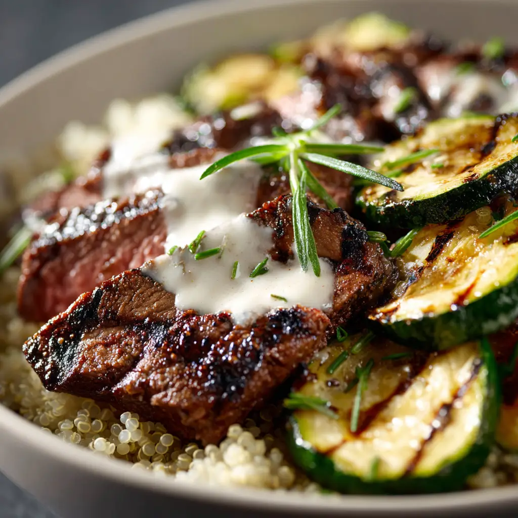 Macro view of charred zucchini slices with blistered marks and fluffy quinoa grains inside a Grilled Steak Bowl.