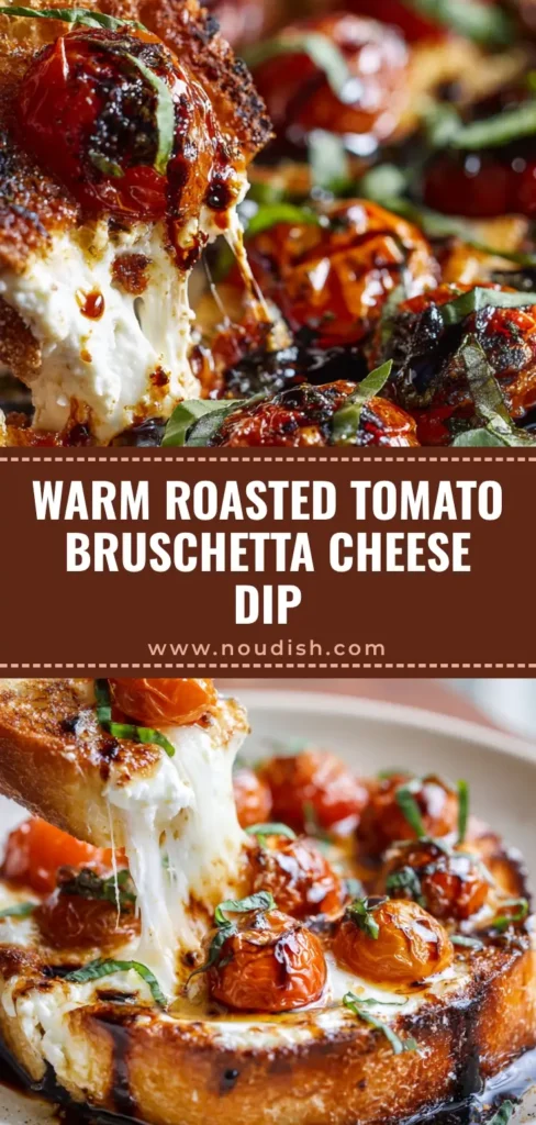 A mouth-watering Three-Cheese Tomato Bruschetta Dip with a dramatic cheese pull, blistered cherry tomatoes, and dark balsamic glaze on a wooden table.