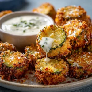 Macro close-up of Air Fryer Zucchini Bites showing blistered panko breadcrumbs and a moist green cross-section. (Air Fryer Zucchini Bites)