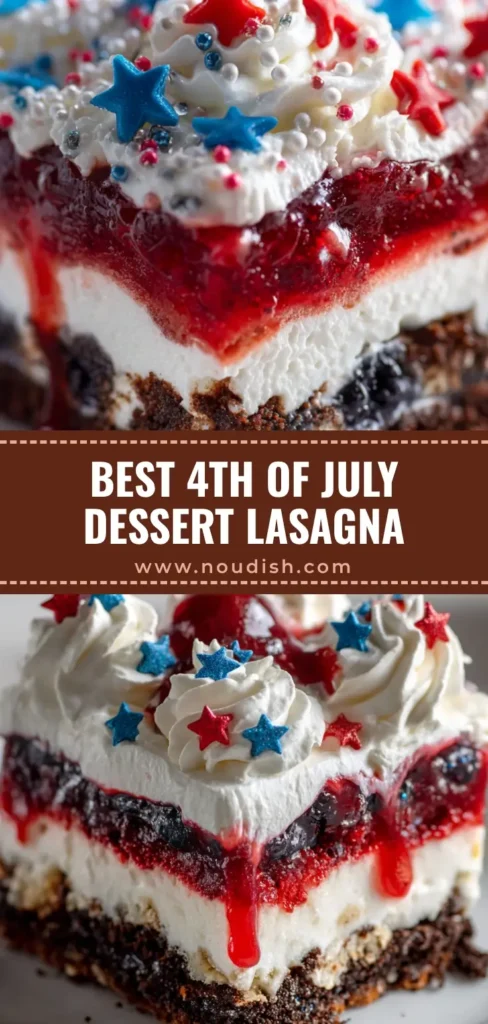 A tall slice of 4th of July Dessert Lasagna showing layers of chocolate crumbs, white cream cheese, red strawberry, and blue blueberry with star sprinkles.