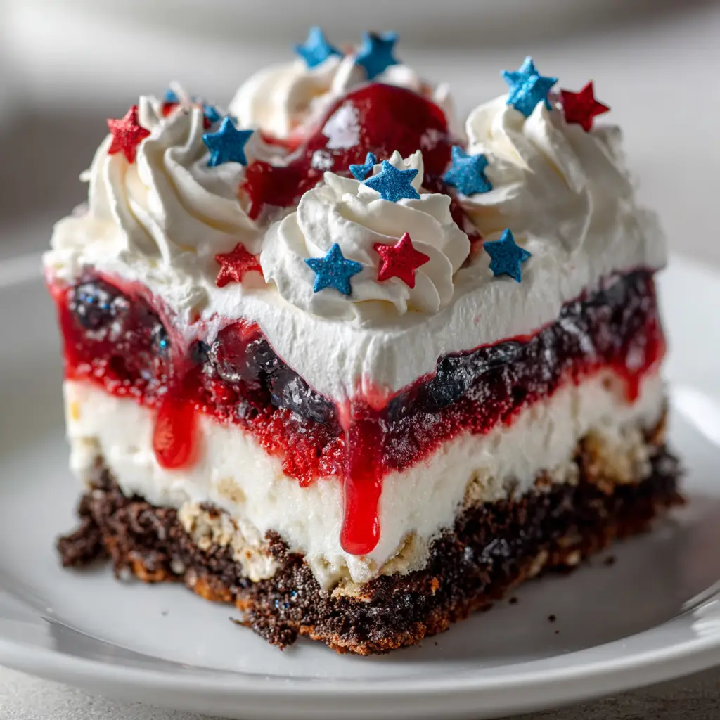 Extreme macro close-up of 4th of July Dessert Lasagna revealing the creamy texture of the fluff and glossy fruit layers.
