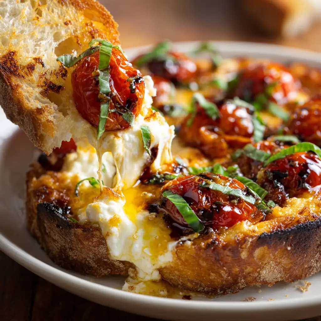 A piece of toasted sourdough bread scooping into the Three-Cheese Tomato Bruschetta Dip with a messy balsamic drizzle.