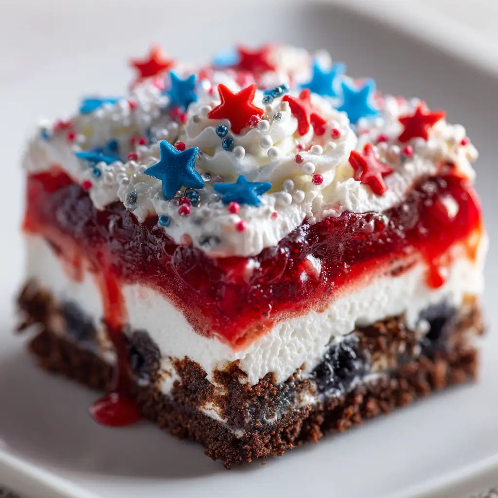 A square slice of red white and blue dessert lasagna on a white plate with star sprinkles and pillowy whipped topping.