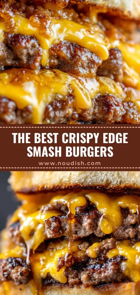 A close-up vertical shot of a double Smash Burger Recipe with melted American cheese and crispy lacy edges on a brioche bun.