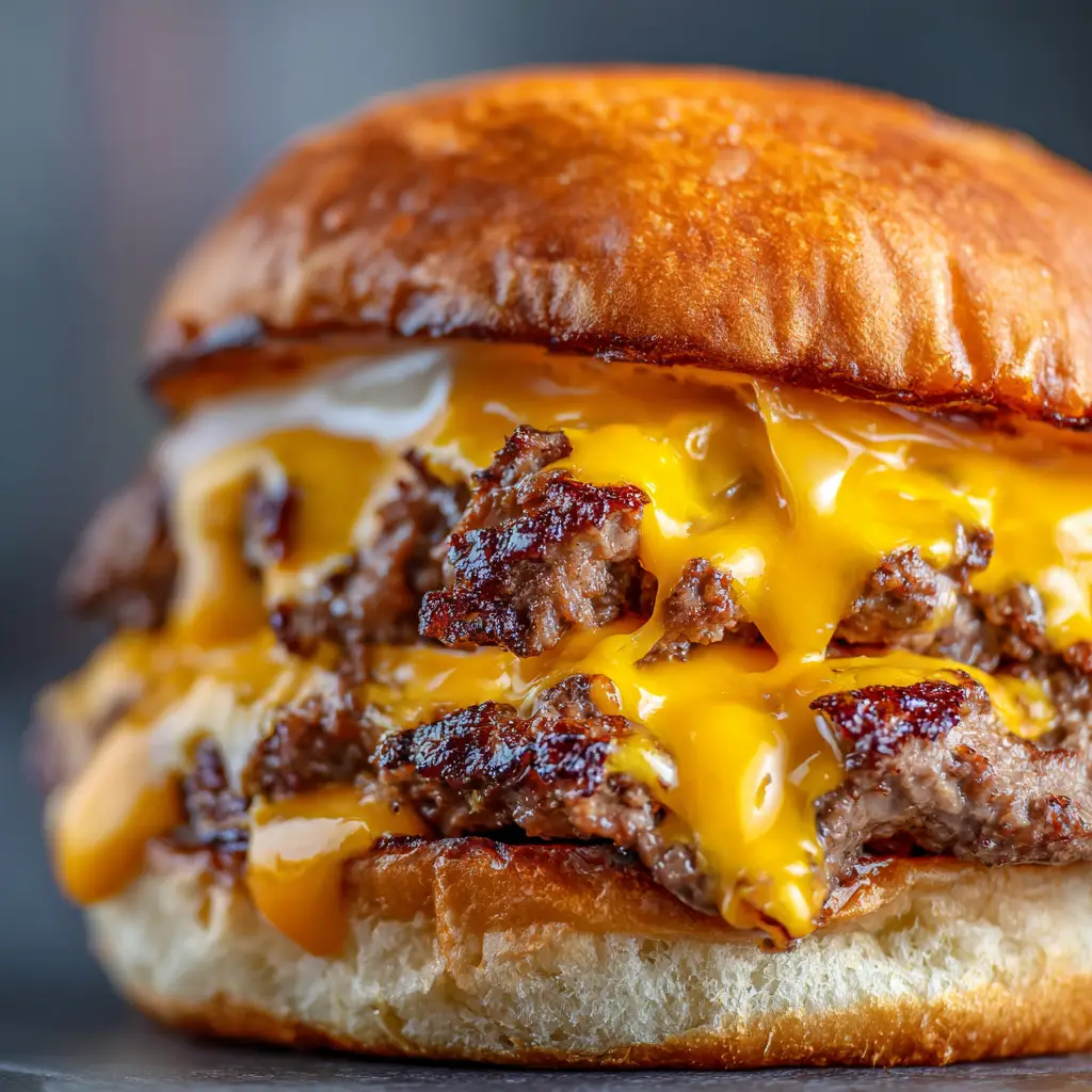 Cross-section of a double Smash Burger Recipe with blistered American cheese and sauce drips on a toasted bun.