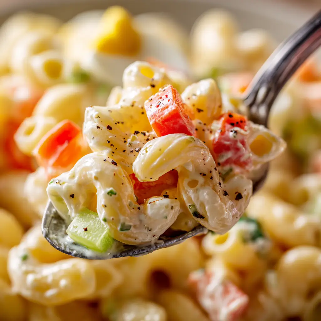 A silver spoon lifting a generous, overflowing scoop of creamy Amish Pasta Salad against a blurred background.