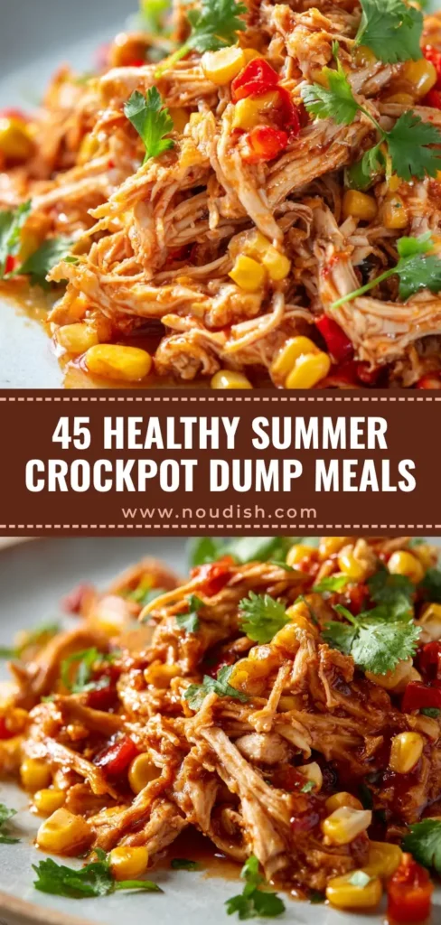 A vibrant Pinterest pin for Summer Crockpot Recipes showing shredded chicken with charred corn and red peppers on a white plate.