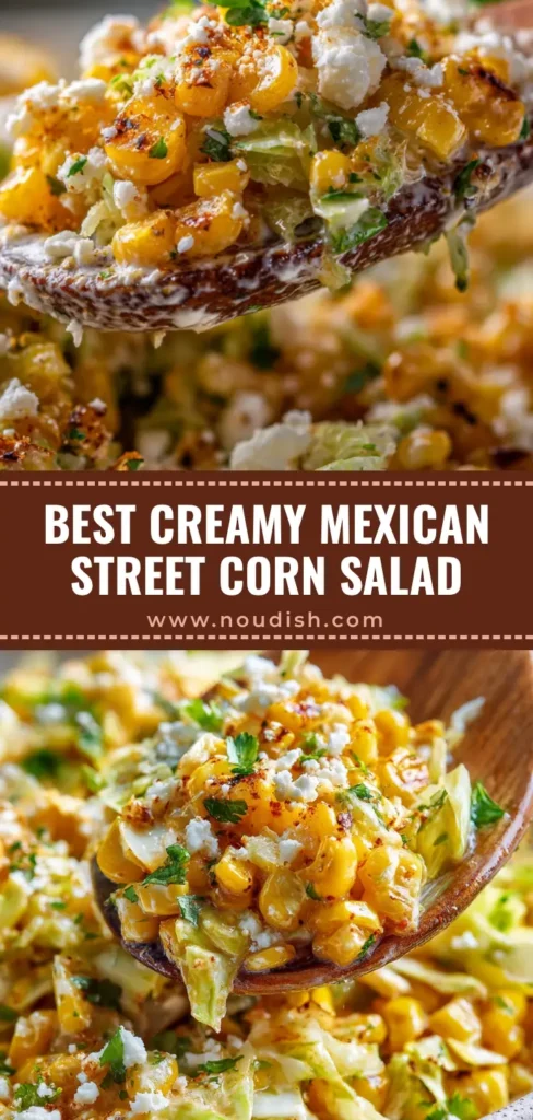 A vertical shot of Mexican Street Corn Salad with Cabbage featuring charred corn kernels, shredded cabbage, and creamy dressing on a ceramic plate.
