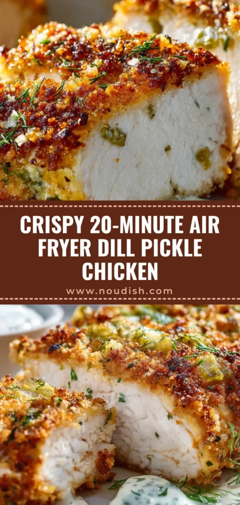 Air Fryer Dill Pickle Chicken: The Ultimate Crispy Parmesan Crust Recipe 4 A long vertical pin showing sliced Air Fryer Dill Pickle Chicken with a crunchy parmesan crust, fresh dill garnish, and a side of ranch dressing.