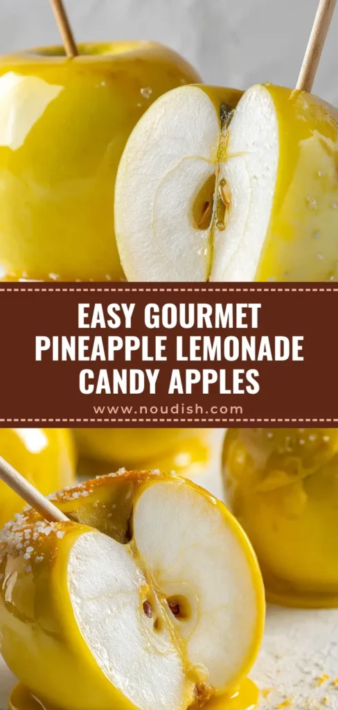 A vibrant yellow Pineapple Lemonade Candy Apple with a thick glossy coating and rustic wooden stick on a white surface.