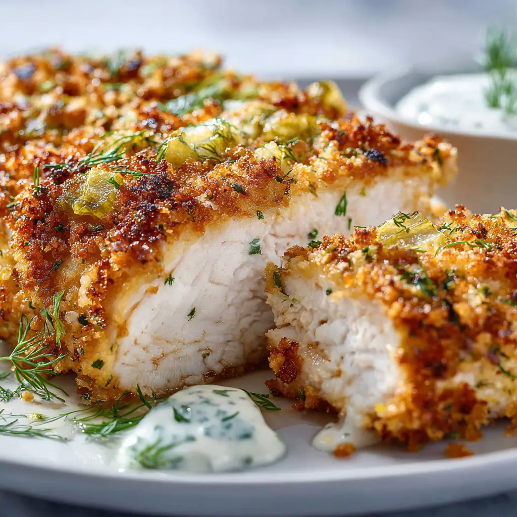 Air Fryer Dill Pickle Chicken: The Ultimate Crispy Parmesan Crust Recipe 2 Extreme macro photography of sliced Air Fryer Dill Pickle Chicken showing a golden brown parmesan breadcrumb crust and juicy white meat.