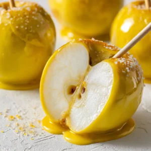 Macro close-up of Pineapple Lemonade Candy Apples showing a cross-section of crisp white fruit and a thick yellow candy shell.