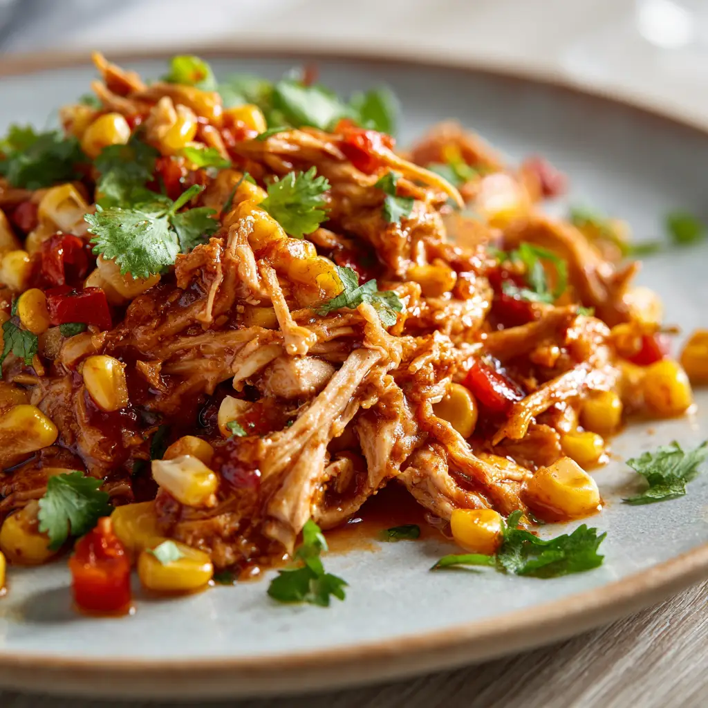 Close up of distinct red pepper cubes and scattered green cilantro in a summer chicken dish.