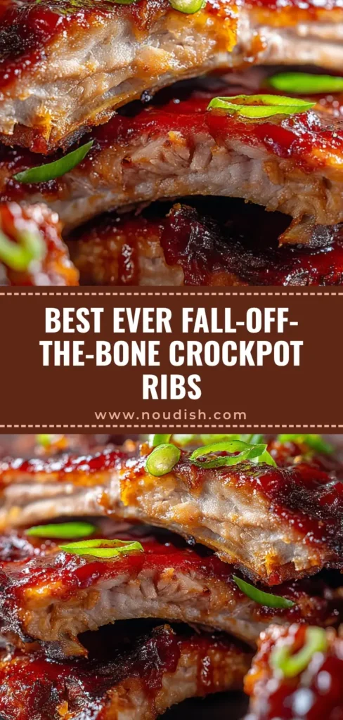 A stack of succulent Crockpot BBQ Ribs with a glossy mahogany glaze and fresh green onion garnish.
