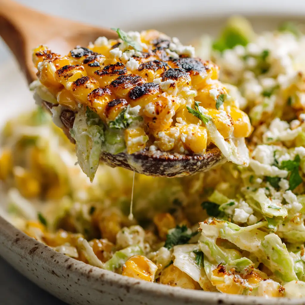 Macro view of cotija cheese and cilantro scattered over charred corn and cabbage salad.
