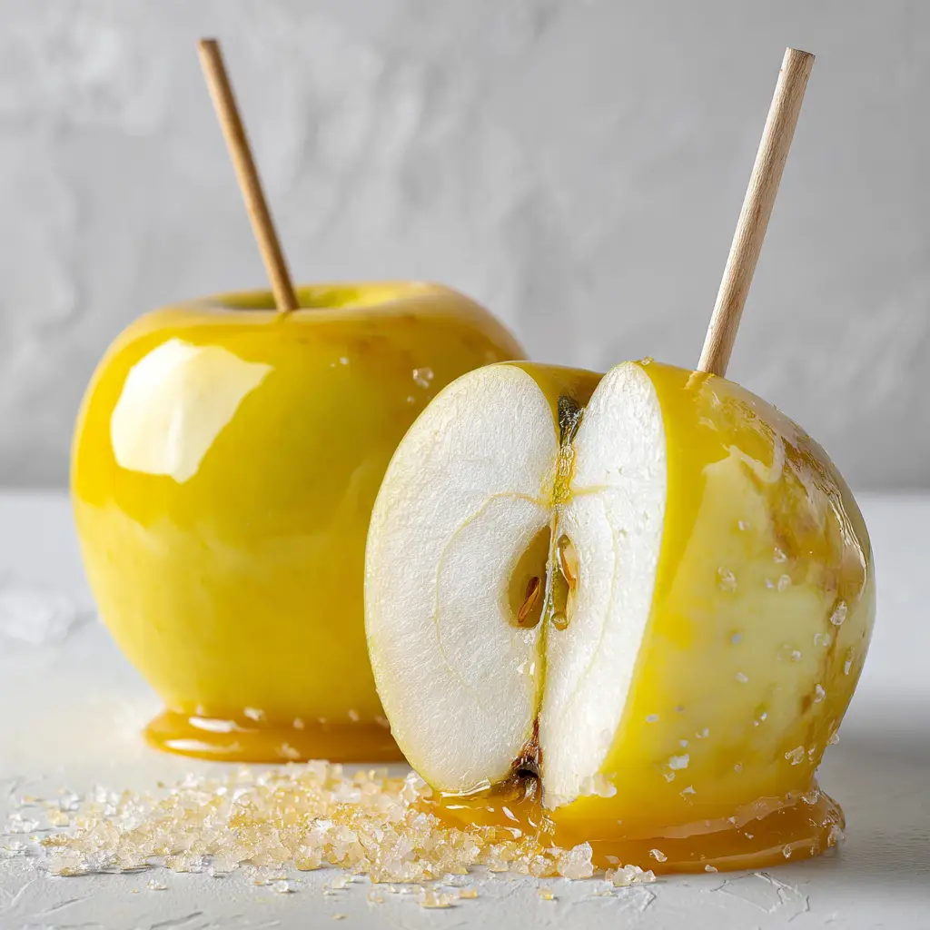 Close-up of yellow candy glaze dripping down a Pineapple Lemonade Candy Apple with citrus sugar granules.