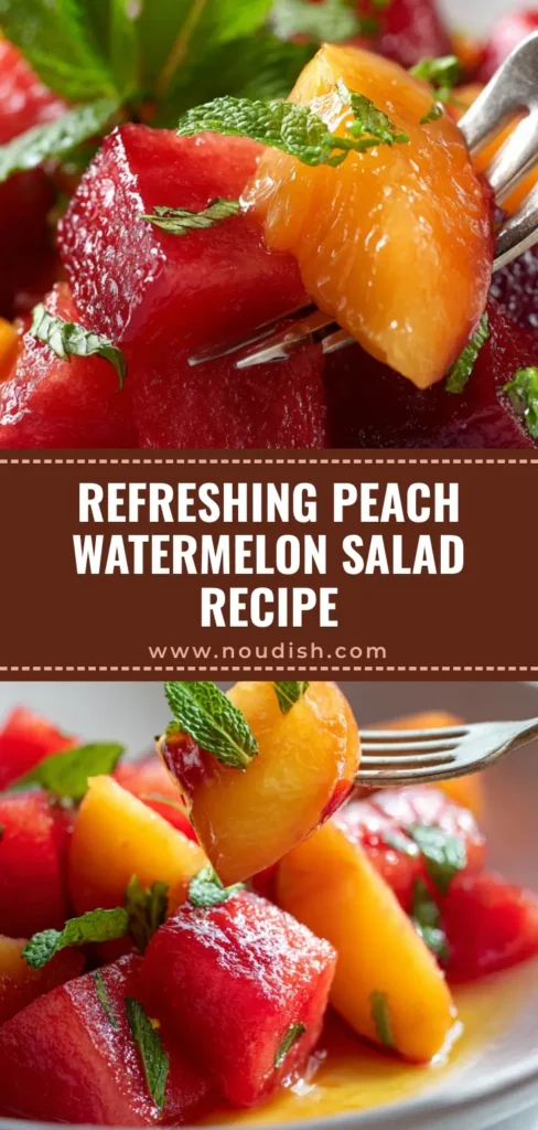 A refreshing Peach Watermelon Salad with mint leaves and a lime dressing in a white bowl. (Peach Watermelon Salad)