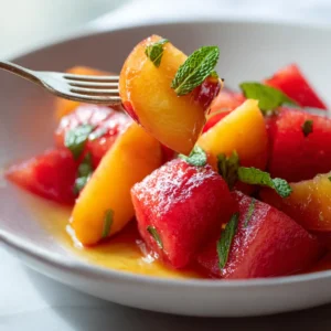 Macro close-up of glistening watermelon and velvety peach slices in a Peach Watermelon Salad. (Peach Watermelon Salad)