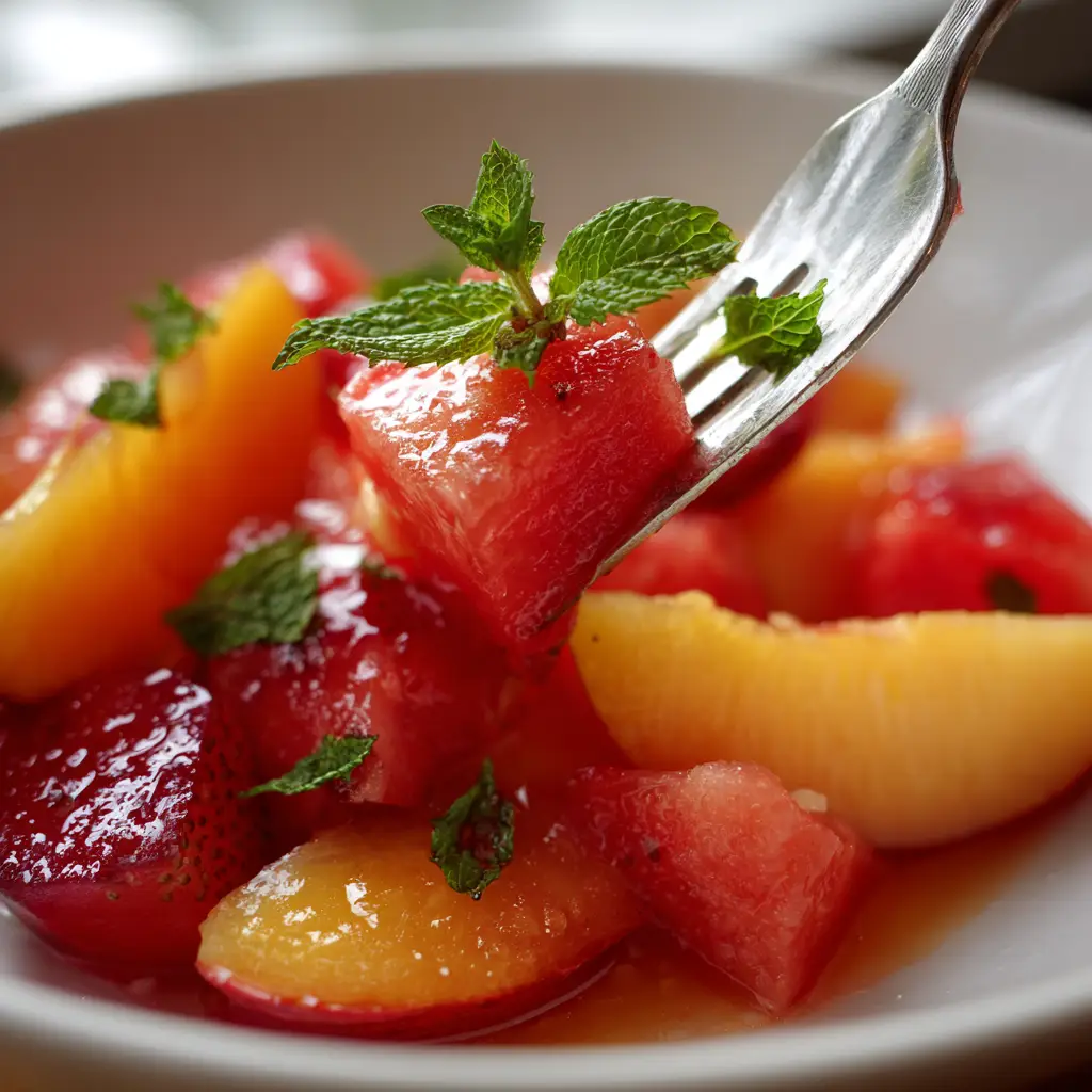 A fork lifting a juicy peach slice and mint from a Peach Watermelon Salad.
