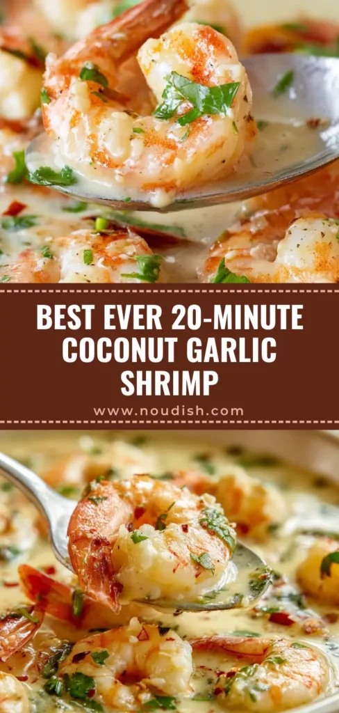 A close-up of Creamy Coconut Garlic Shrimp with a silver spoon lifting a succulent shrimp out of a glossy white sauce.