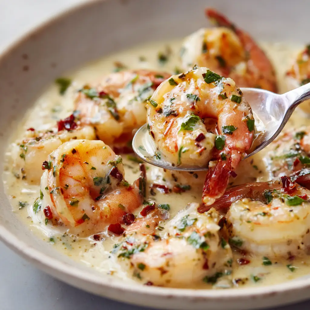Top down macro view of Creamy Coconut Garlic Shrimp with irregular drips and scattered minced garlic.