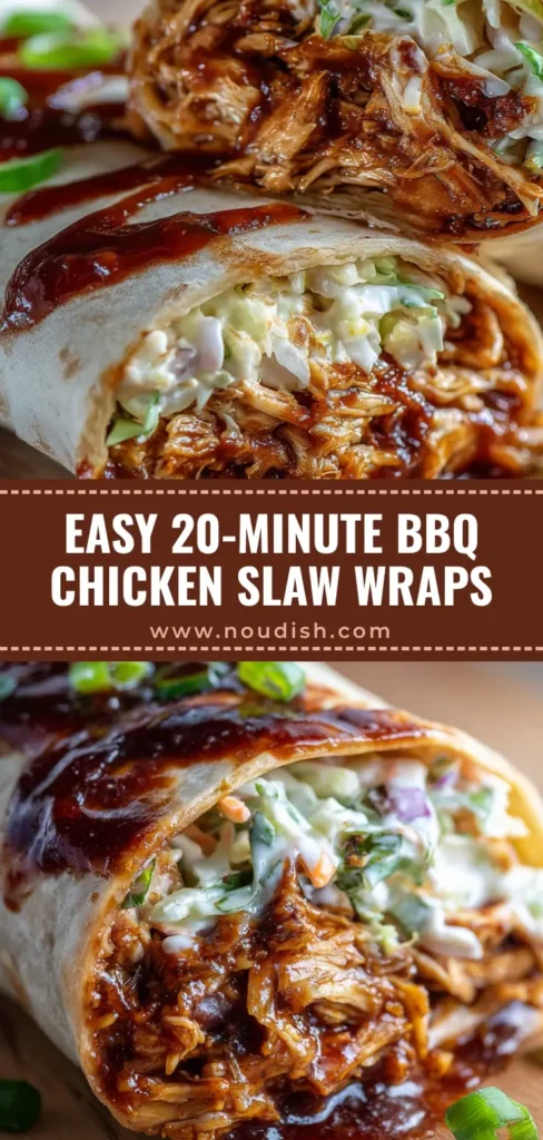 A vertical Pinterest pin showing a macro cross-section of BBQ Chicken Coleslaw Wraps with glossy sauce and creamy slaw.