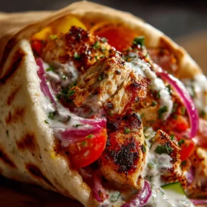 Extreme macro close-up of Greek Chicken Gyros highlighting glossy charred chicken and dripping tzatziki sauce.
