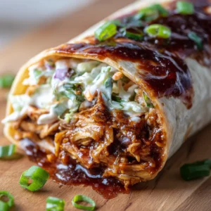 Extreme macro close-up of a BBQ chicken coleslaw wrap cross-section with thick sauce drips and green onions. (BBQ Chicken Coleslaw Wraps)