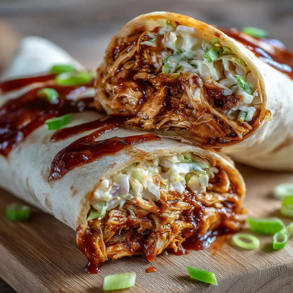 A close-up view of the creamy ranch slaw and shredded BBQ chicken inside a soft flour tortilla. (BBQ Chicken Coleslaw Wraps)