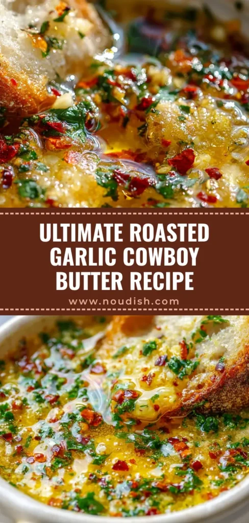A ceramic ramekin of Roasted Garlic Cowboy Butter with a glossy oily sheen, green parsley, and red pepper flakes, featuring a sourdough bread dip with a beautiful irregular drip.