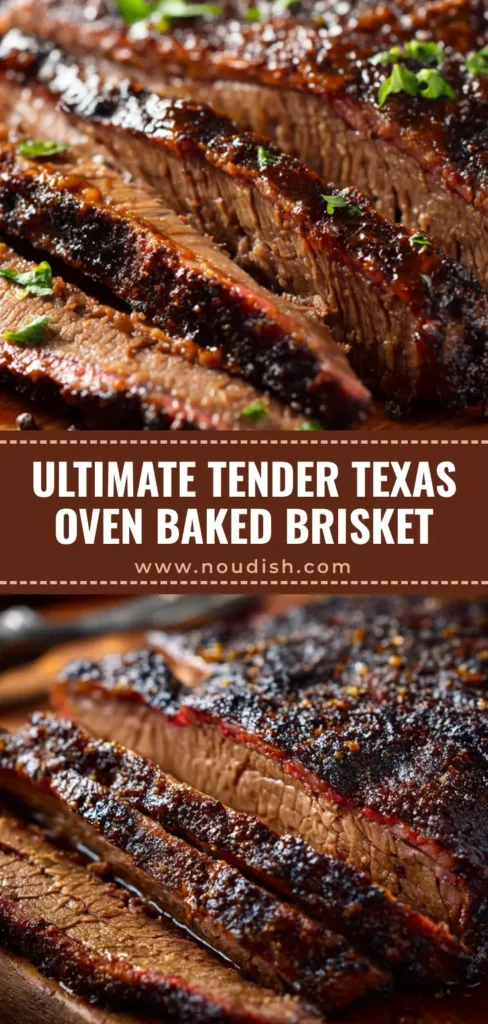 A vertical Pin image showing thick slices of Oven Baked Beef Brisket with a dark peppery bark and glossy rendered fat on a rustic board.