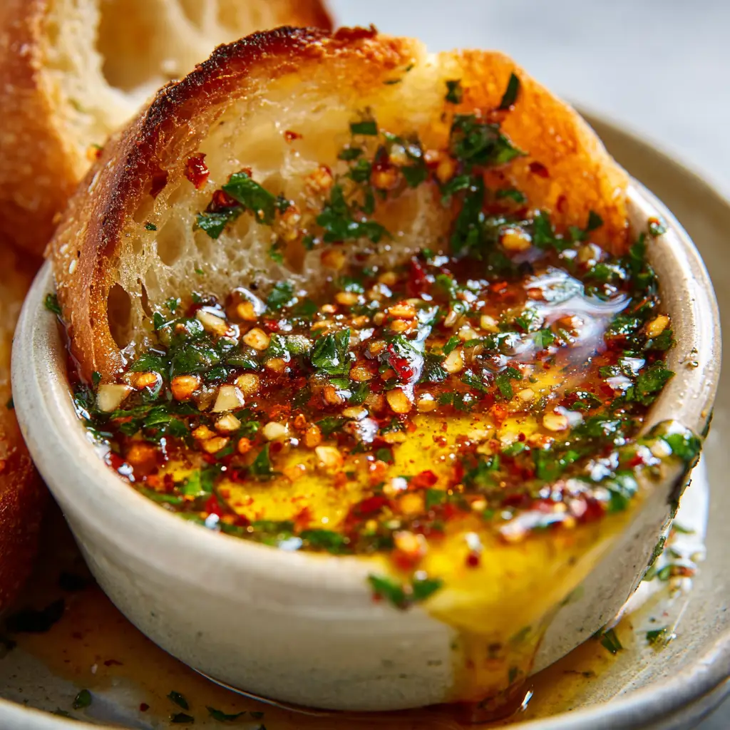 Close up of Roasted Garlic Cowboy Butter in a ramekin with vibrant green parsley flecks and scattered sourdough crumbs.